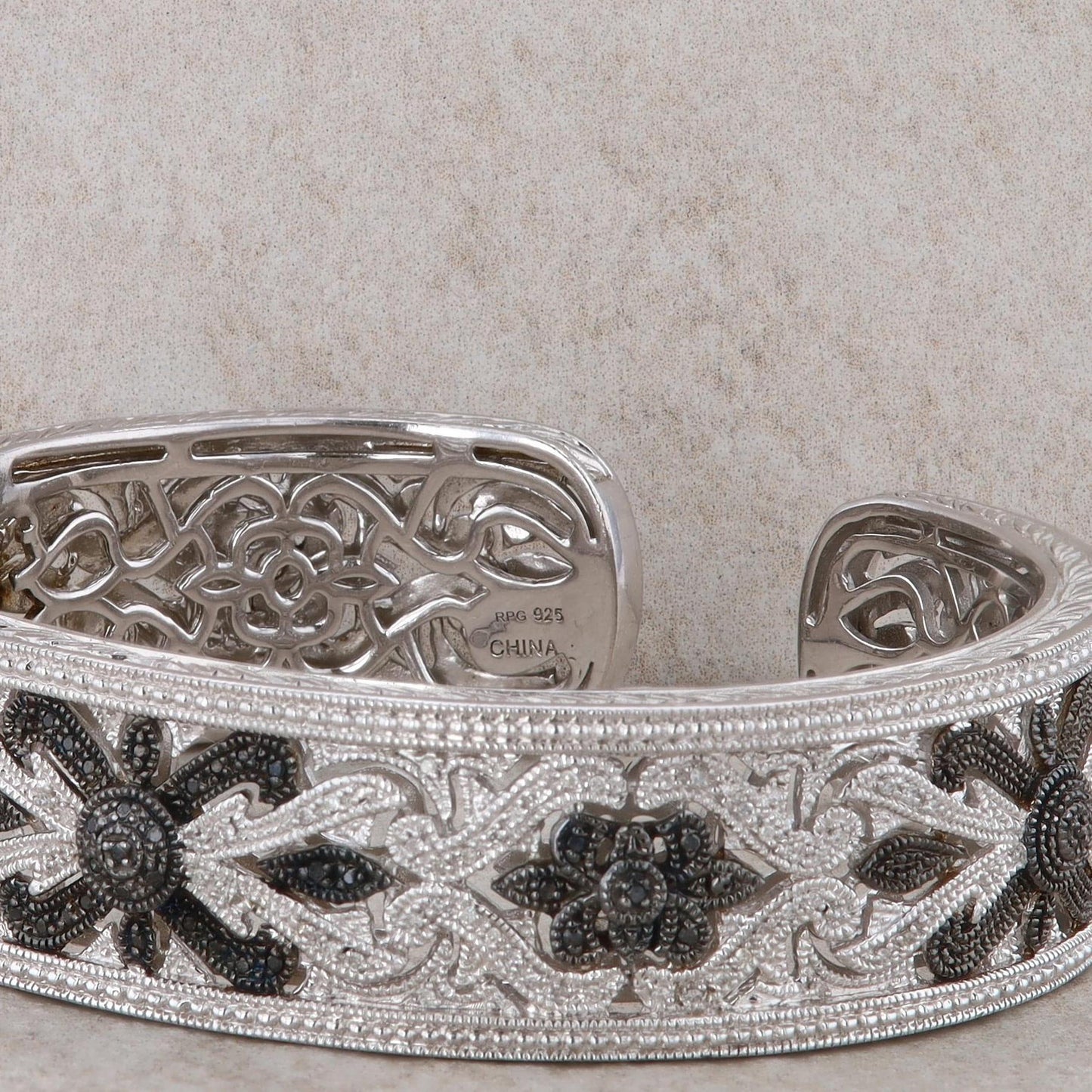 Sterling Silver RPG Black and White Diamond Bangle Cuff