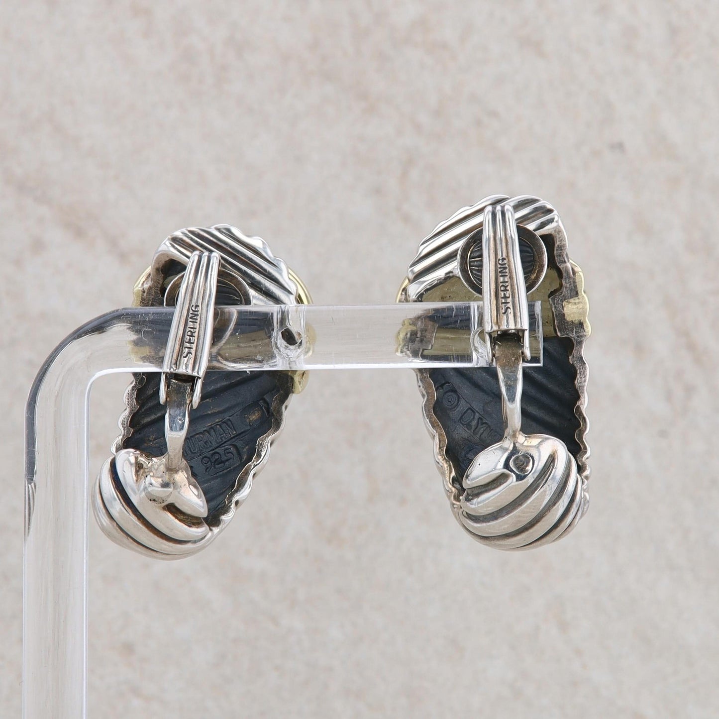 David Yurman Sterling Silver 18k Yellow Thoroughbred Shrimp Cable Omega Earrings