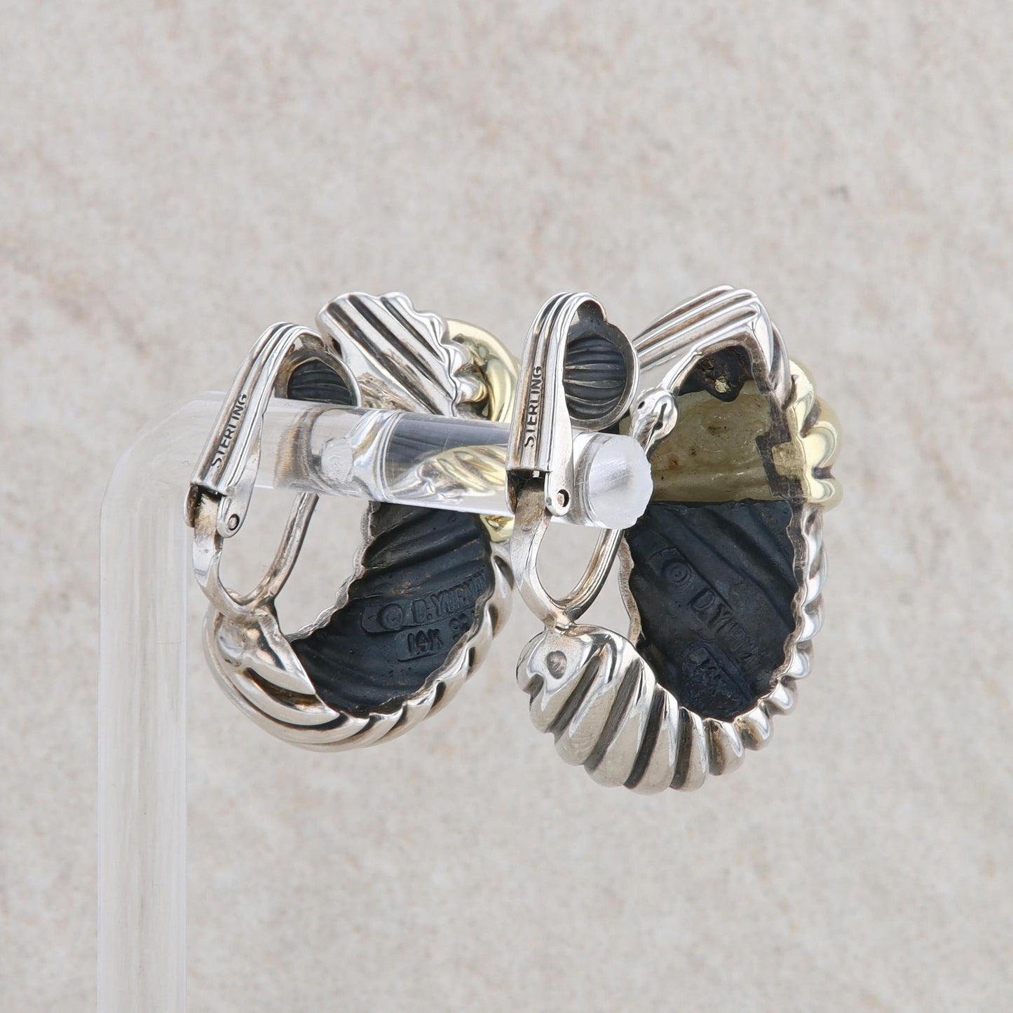 David Yurman Sterling Silver 18k Yellow Thoroughbred Shrimp Cable Omega Earrings
