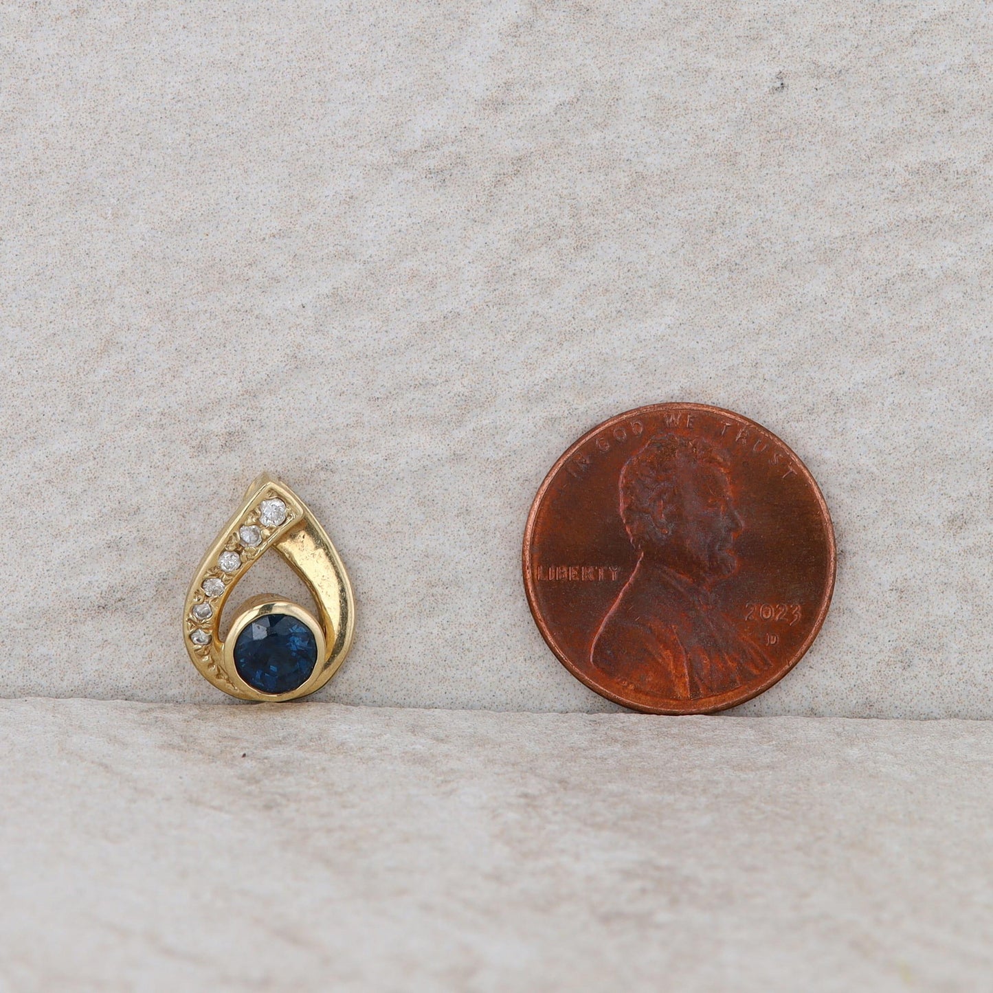 14k Yellow Gold Diamond and Sapphire Teardrop Framed Pendant