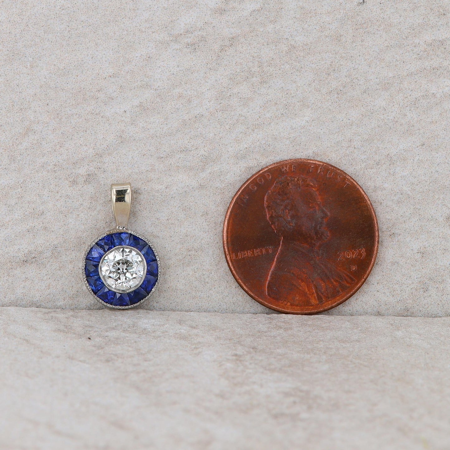 14k White Gold Diamond and Sapphire Halo Pendant