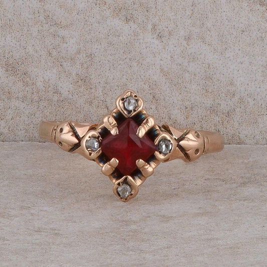 10k Rose Gold Ruby Synthetic Lab Grown Princess Cut and Rose Cut Diamond Ring