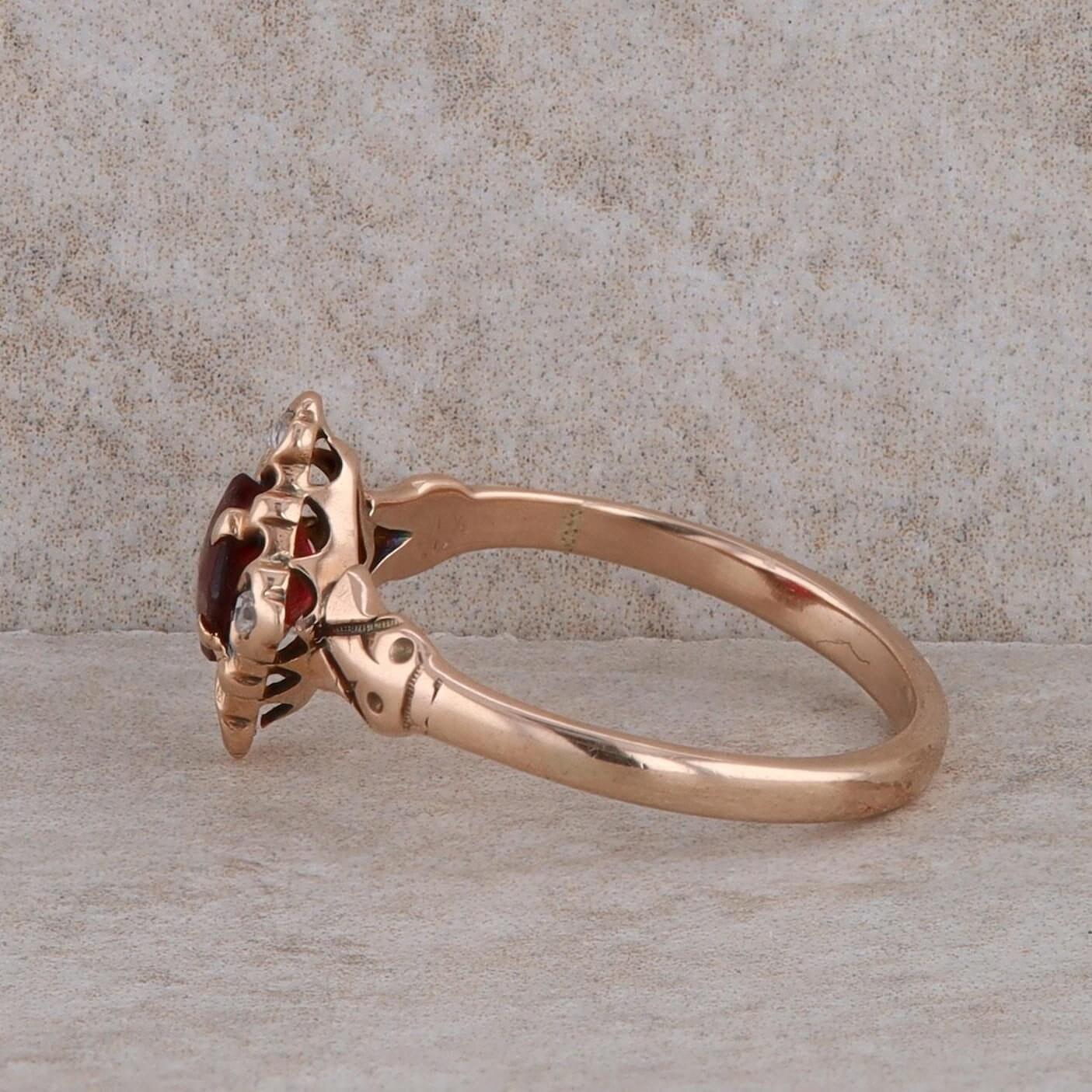 10k Rose Gold Ruby Synthetic Lab Grown Princess Cut and Rose Cut Diamond Ring