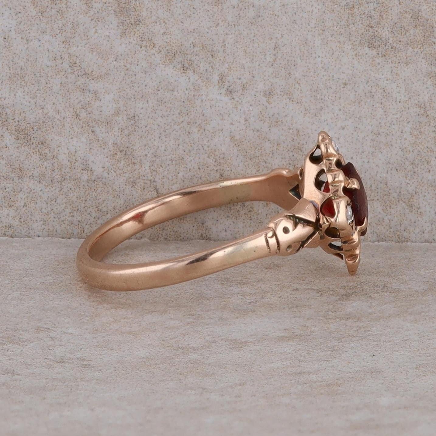 10k Rose Gold Ruby Synthetic Lab Grown Princess Cut and Rose Cut Diamond Ring