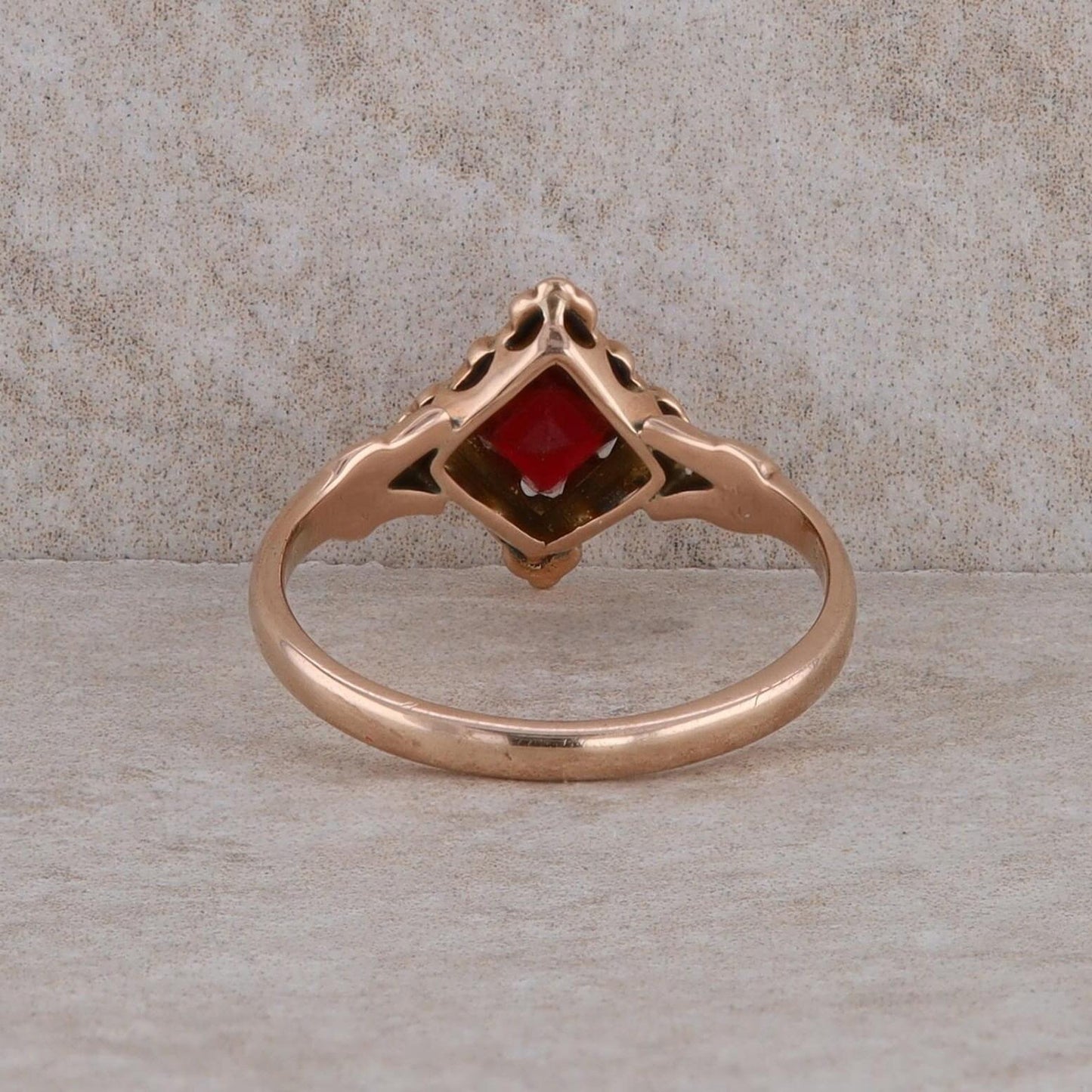 10k Rose Gold Ruby Synthetic Lab Grown Princess Cut and Rose Cut Diamond Ring