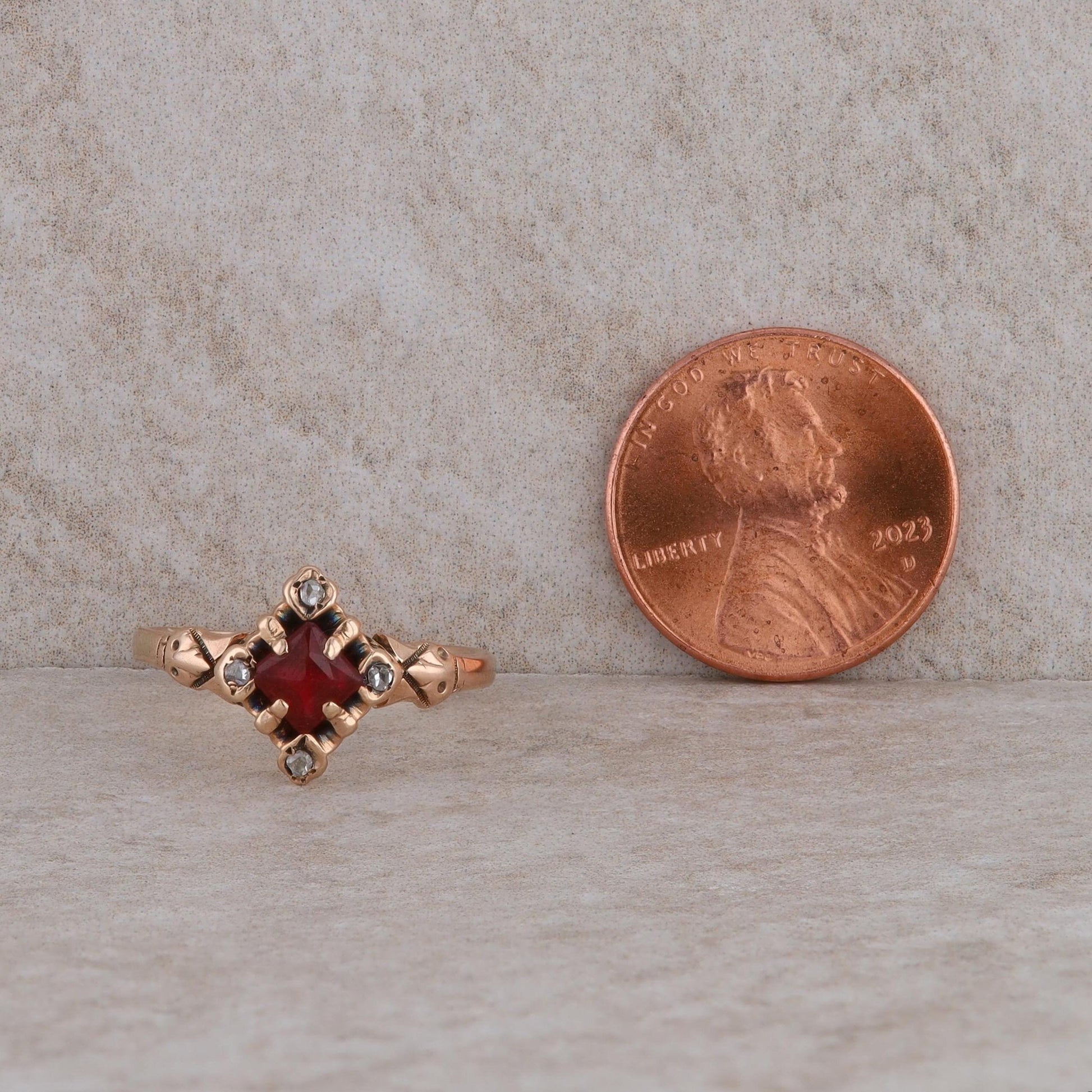10k Rose Gold Ruby Synthetic Lab Grown Princess Cut and Rose Cut Diamond Ring