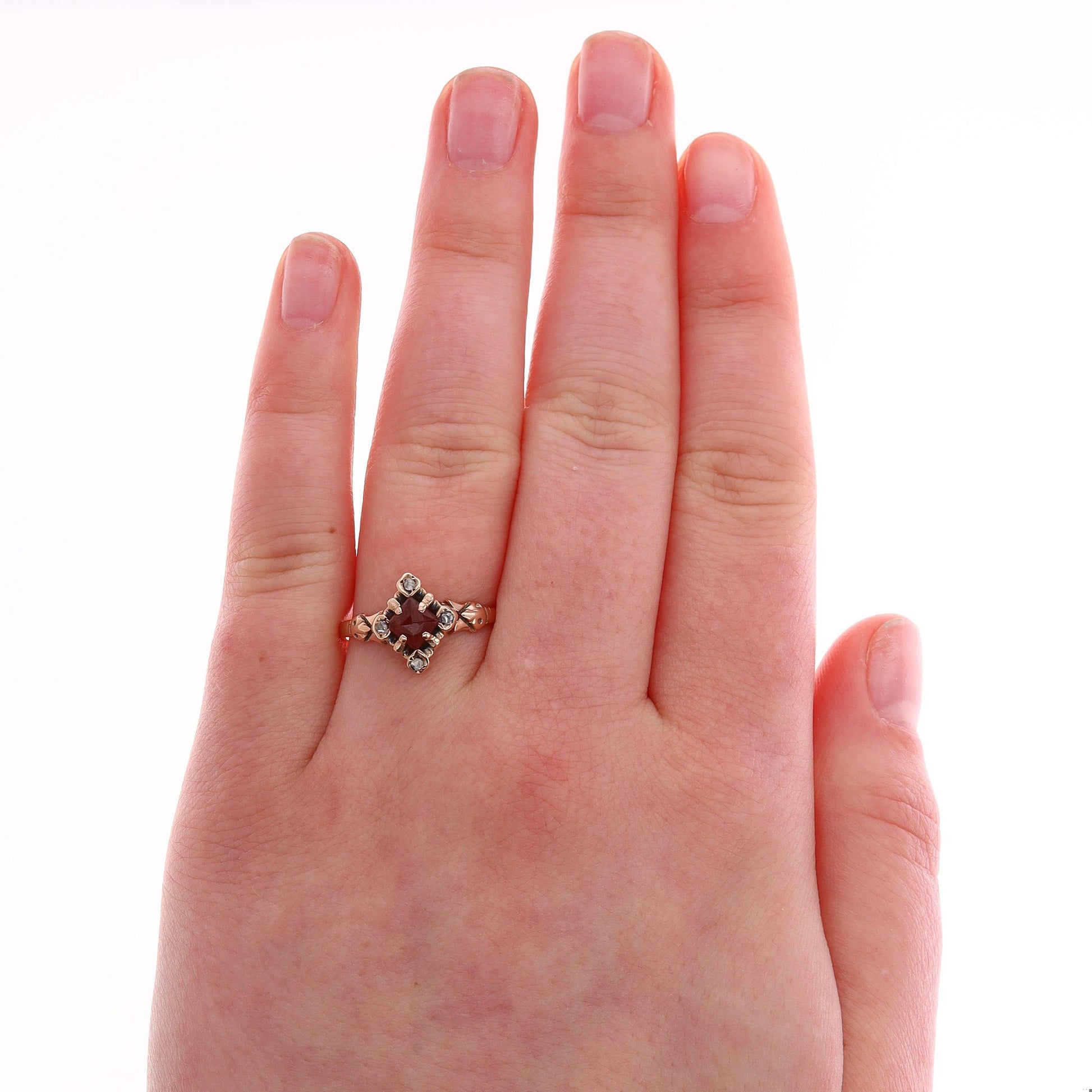 10k Rose Gold Ruby Synthetic Lab Grown Princess Cut and Rose Cut Diamond Ring