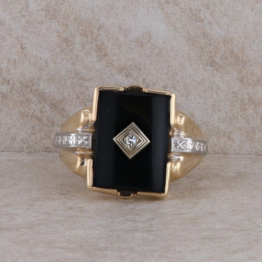 10k Two Tone Onyx and Diamond Ring