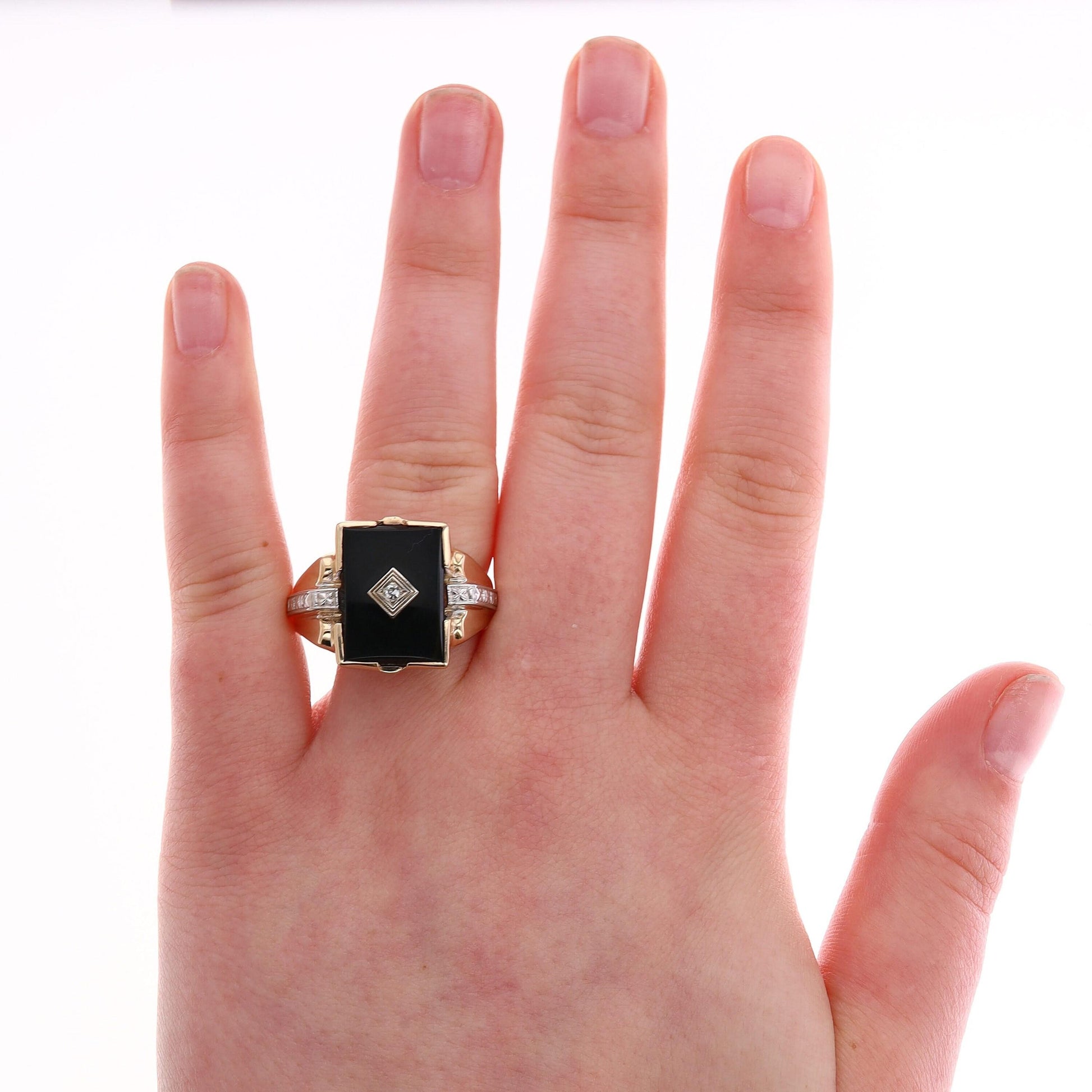 10k Two Tone Onyx and Diamond Ring