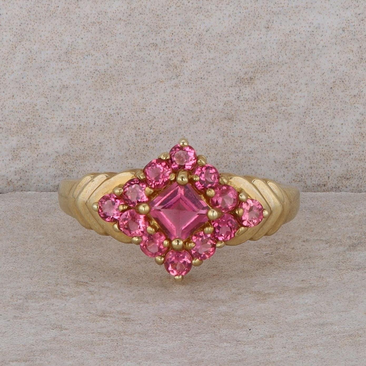 14k Pink Tourmaline Square Diamond Shaped Cluster Ring