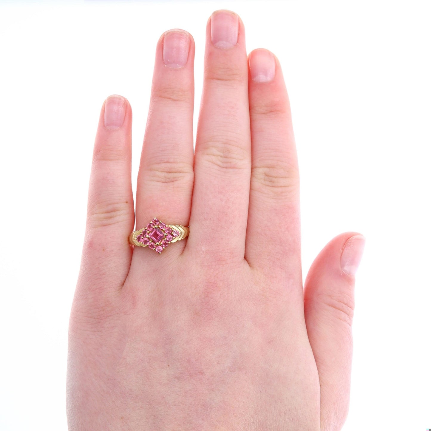14k Pink Tourmaline Square Diamond Shaped Cluster Ring