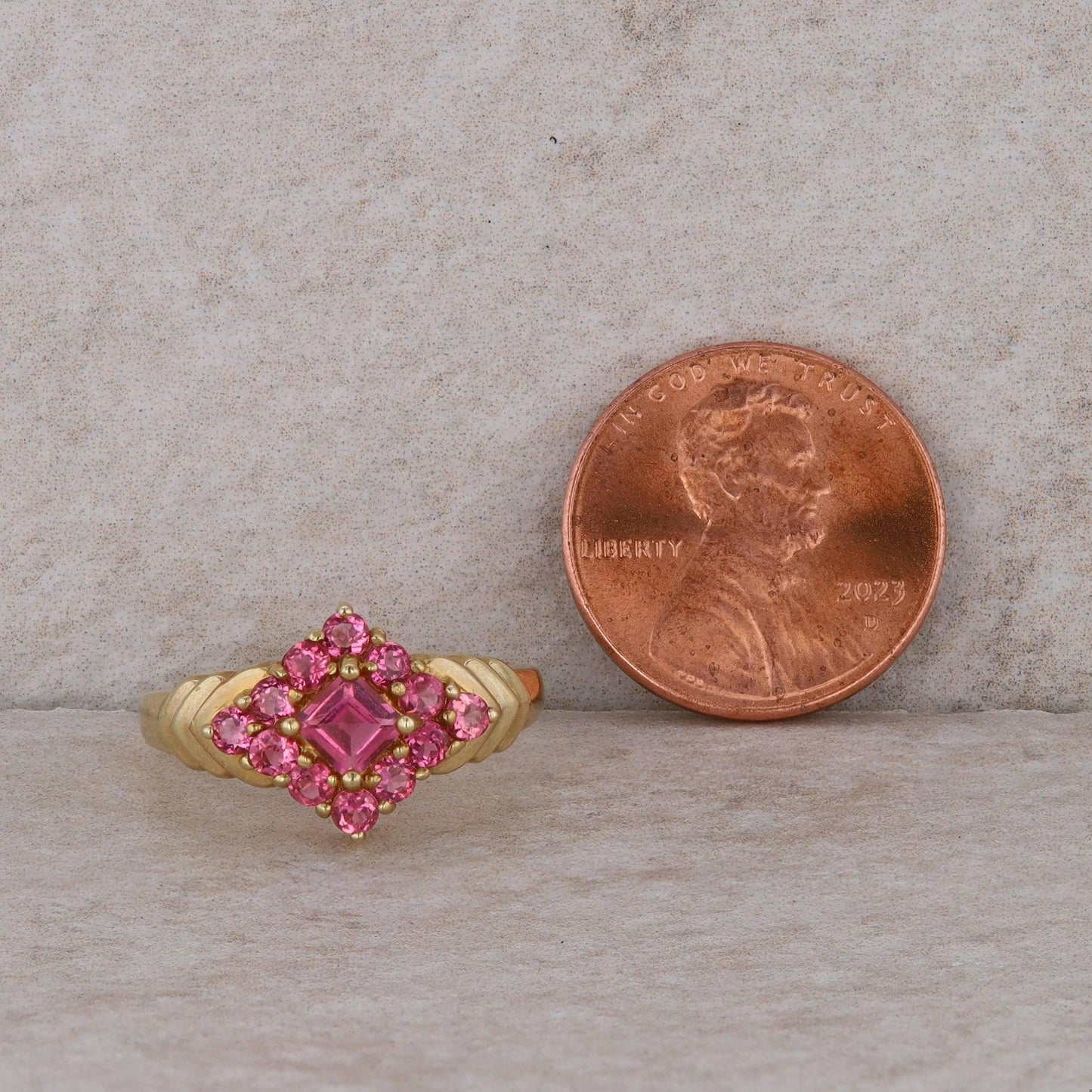 14k Pink Tourmaline Square Diamond Shaped Cluster Ring