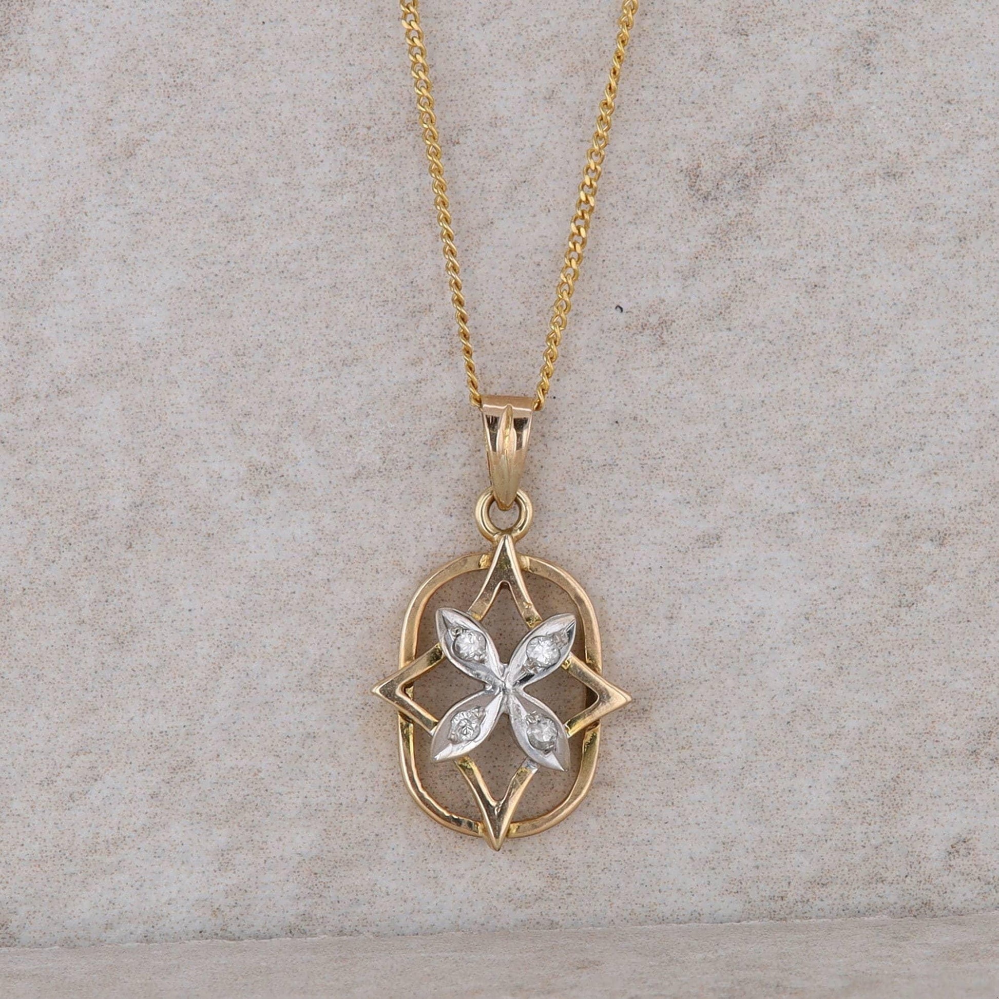 14k Two Tone Floral Star and Oval Style Pendant with 16&quot; curb chain