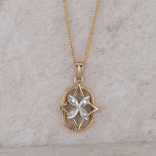 14k Two Tone Floral Star and Oval Style Pendant with 16&quot; curb chain