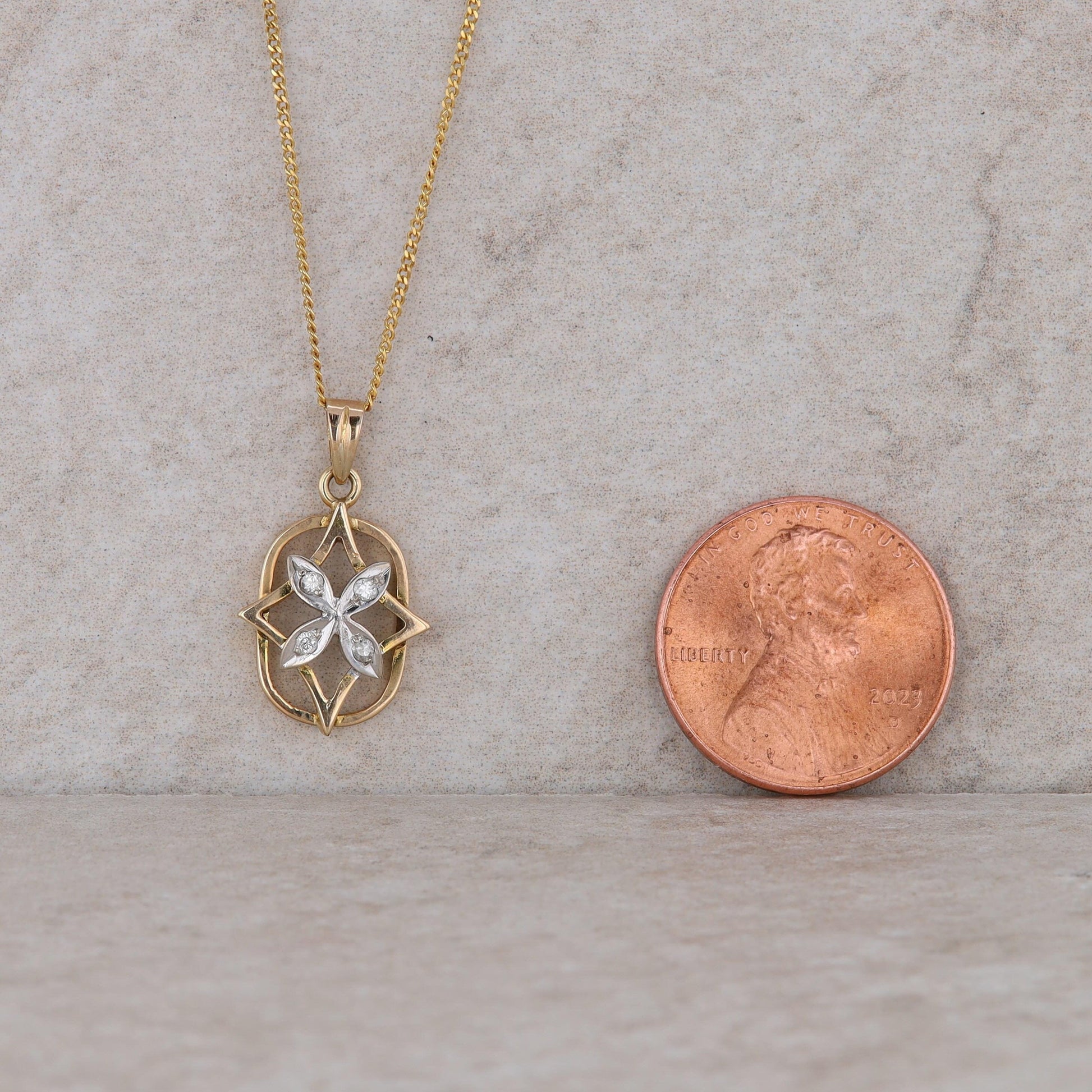 14k Two Tone Floral Star and Oval Style Pendant with 16&quot; curb chain