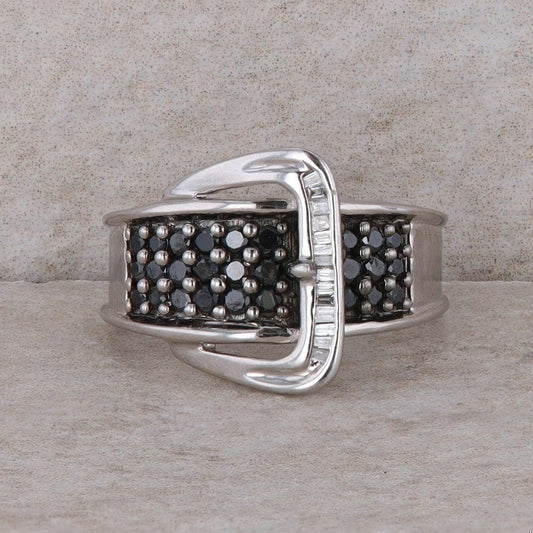 14k White Gold Belt Buckle Ring with Black Diamonds and Baguettes