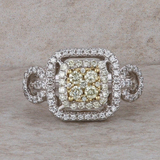 14k White and Yellow Diamonds Halo Fashion Ring