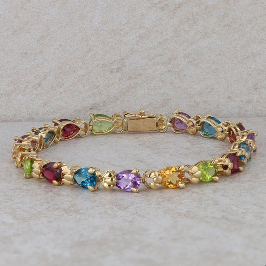 14k Yellow Gold Amethyst, Citrine, Peridot, Garnet and Blue Topaz Pear Bracelet