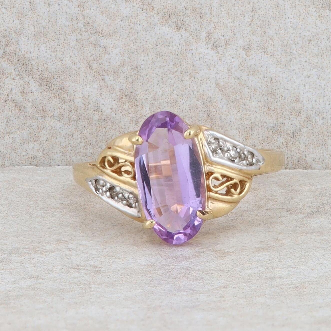 14k Yellow Gold Amethyst and Diamond Ring