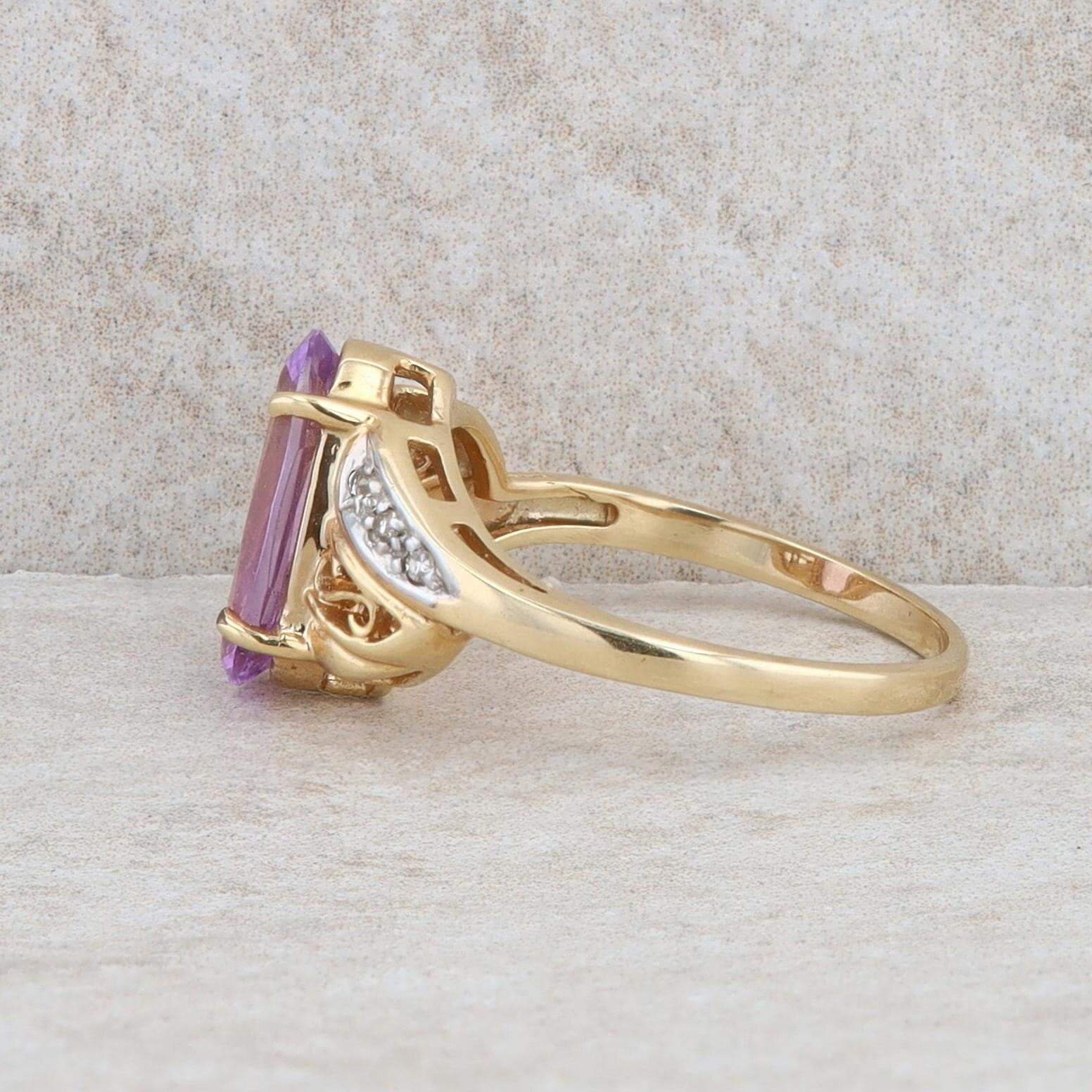 14k Yellow Gold Amethyst and Diamond Ring