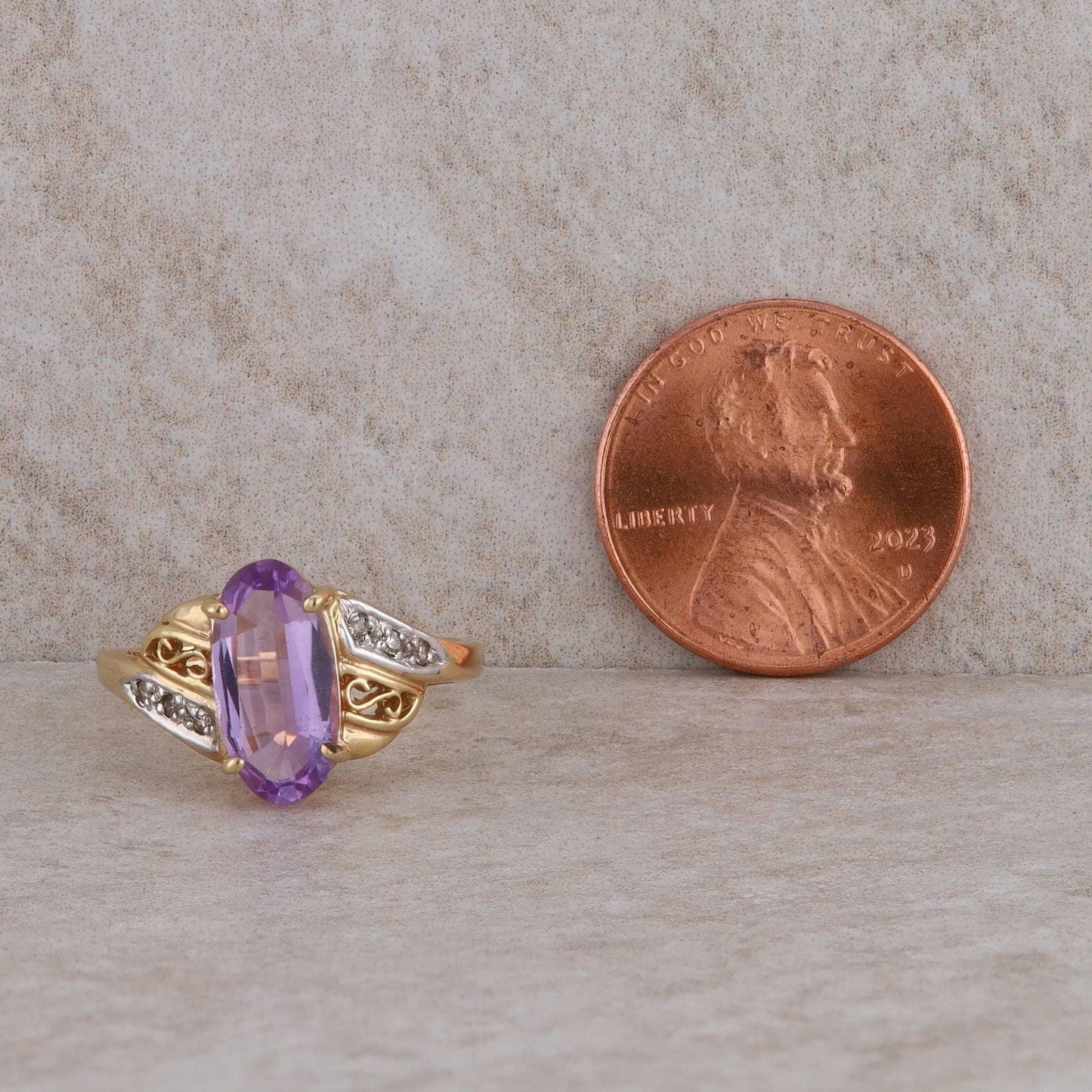 14k Yellow Gold Amethyst and Diamond Ring