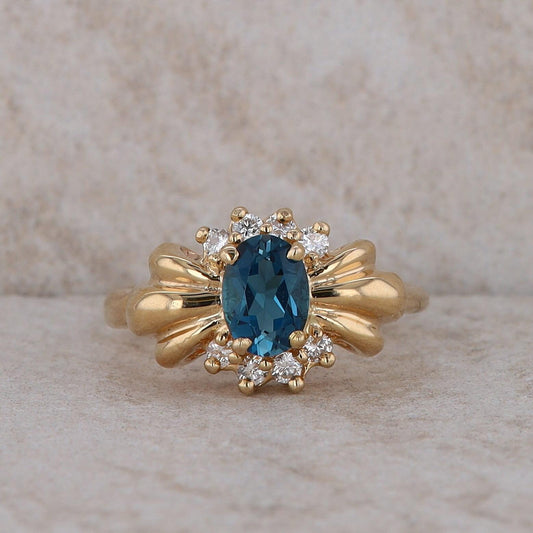 14k Yellow Gold Blue Topaz and Diamond Ring