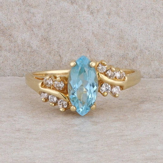 14k Yellow Gold Blue Topaz and Diamond Ring