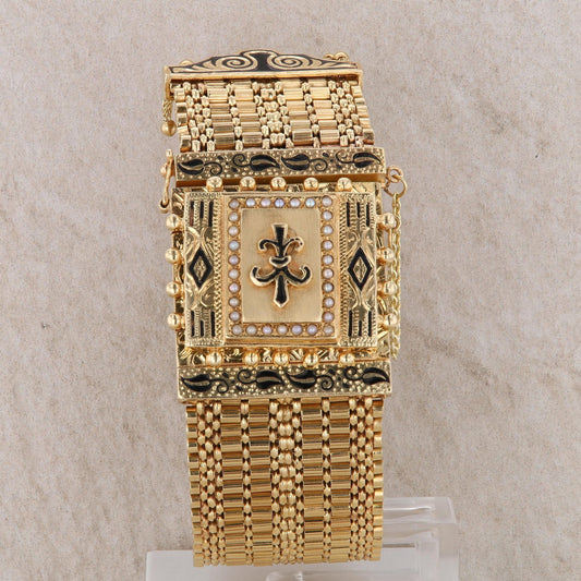 14k Yellow Omega Enamel Fleur De Lis Watch Bracelet