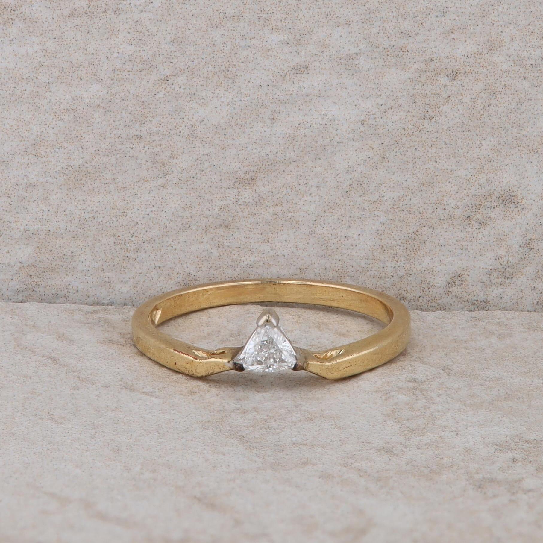 14k Yellow Gold Diamond Triangle Solitaire Ring