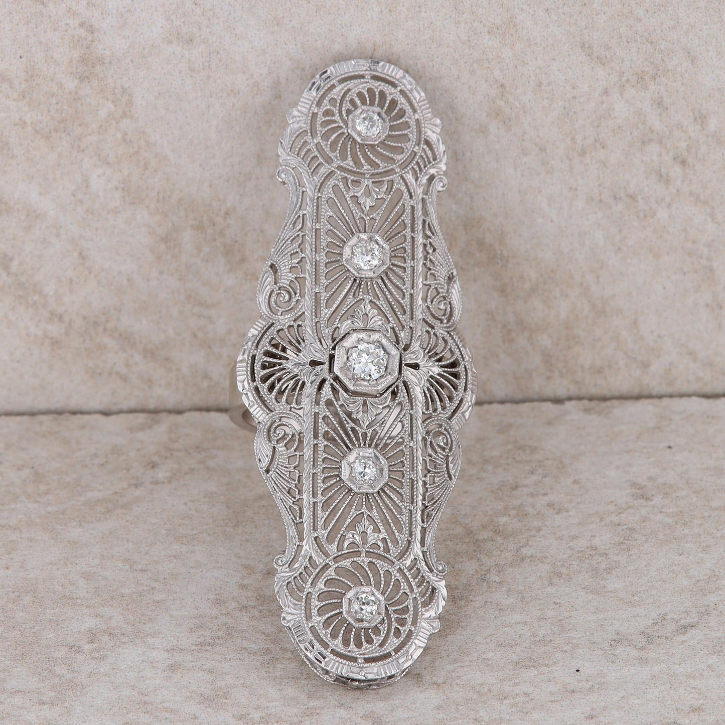 14k White Gold Art Deco Diamond Filigree Ring