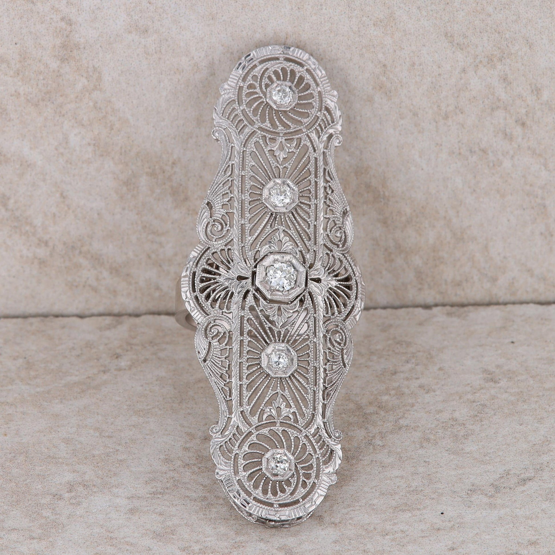 14k White Gold Art Deco Diamond Filigree Ring