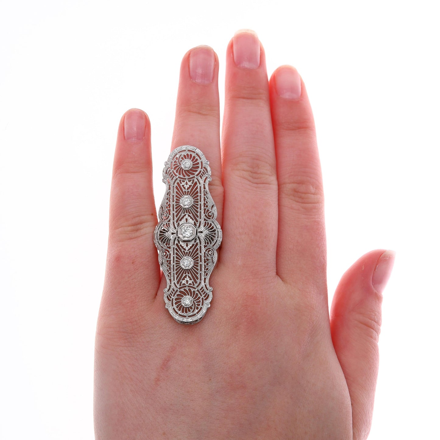 14k White Gold Art Deco Diamond Filigree Ring