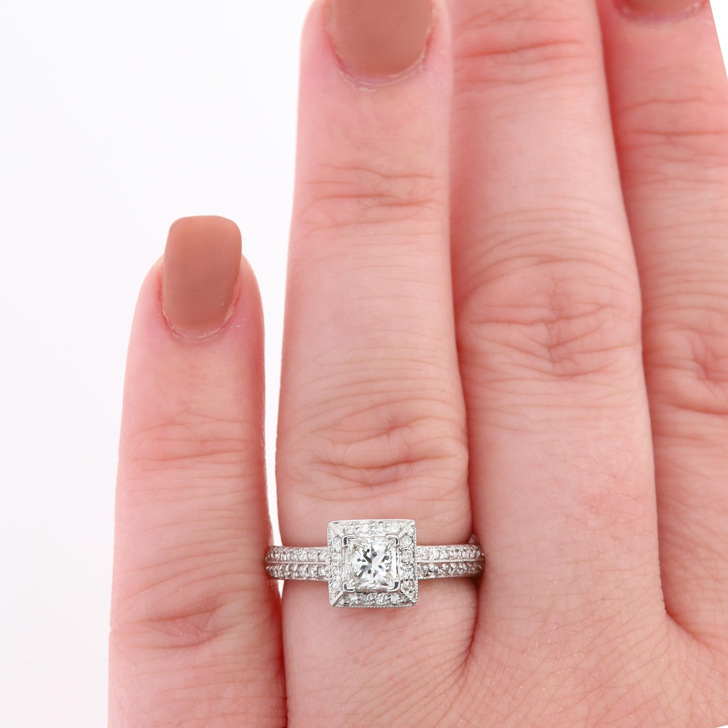 14k White Gold Princess Cut Diamond Halo Engagement Ring