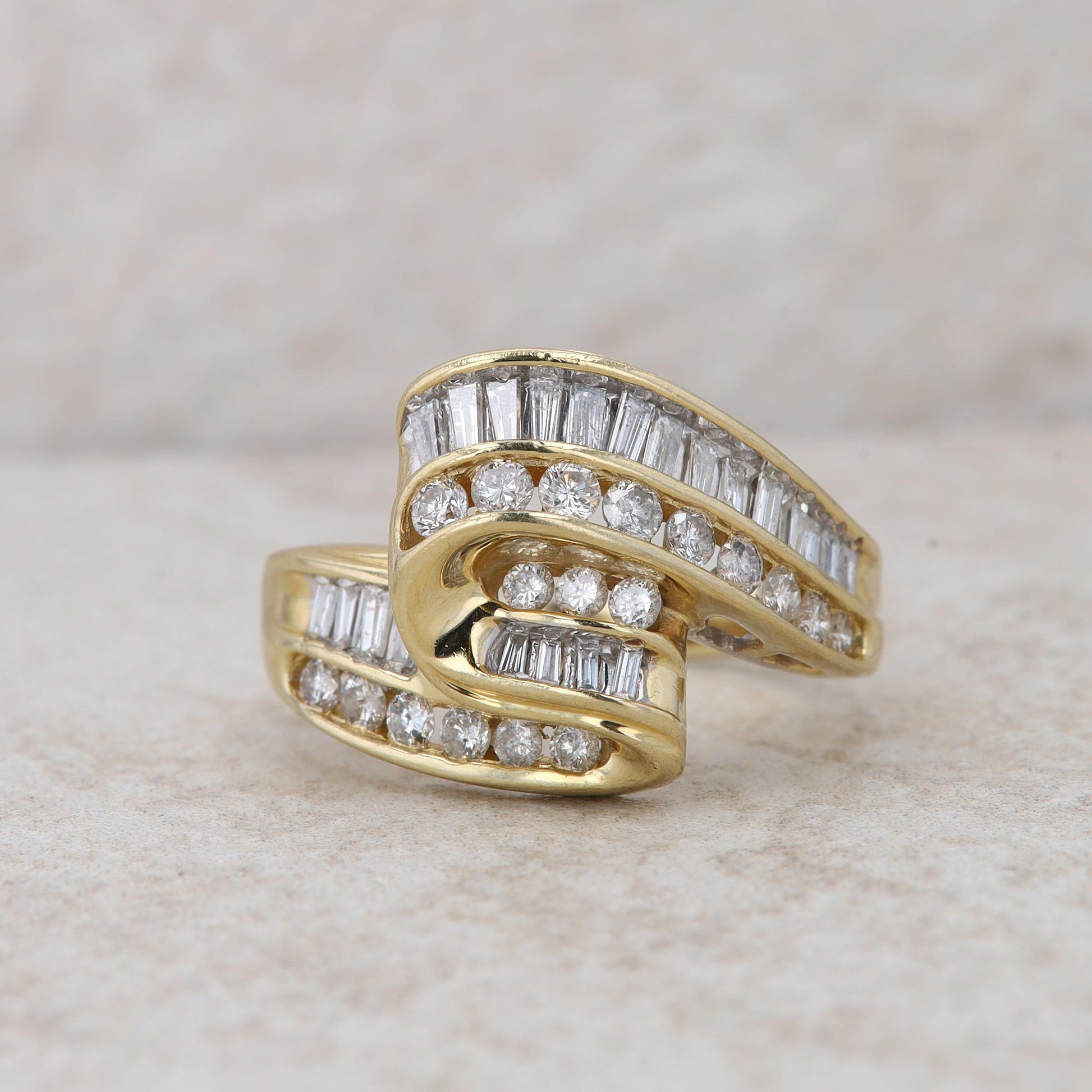 14k Yellow Gold Baguette and Round Diamond Bypass Ring