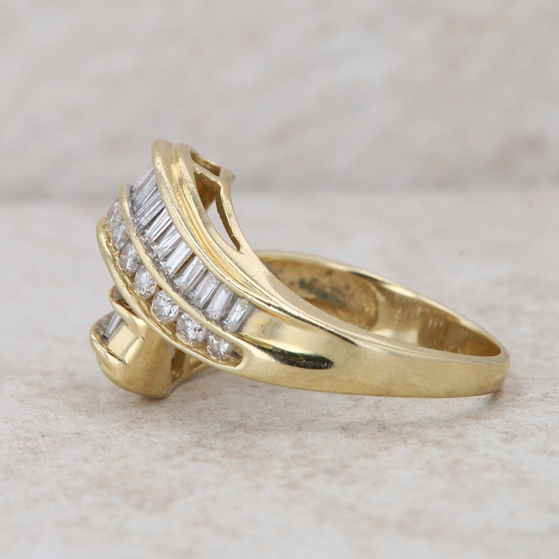 14k Yellow Gold Baguette and Round Diamond Bypass Ring