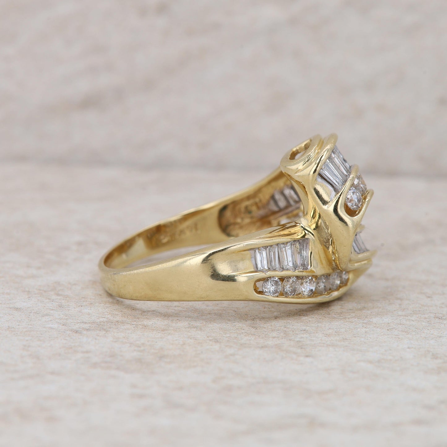 14k Yellow Gold Baguette and Round Diamond Bypass Ring