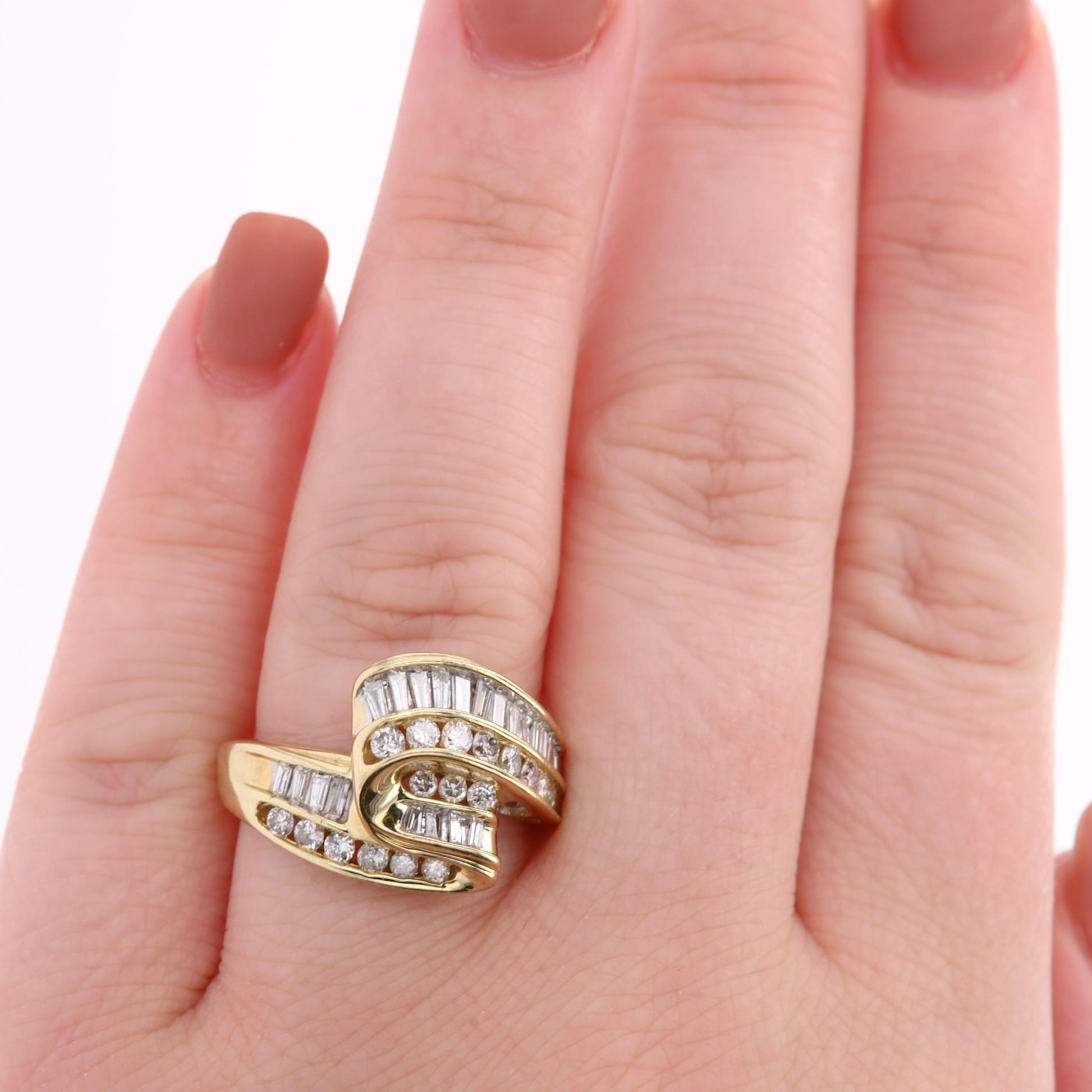 14k Yellow Gold Baguette and Round Diamond Bypass Ring