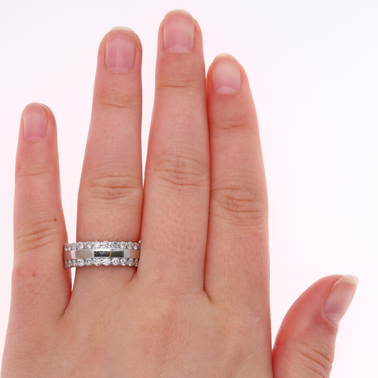 14k White Gold Double Diamond Row Band