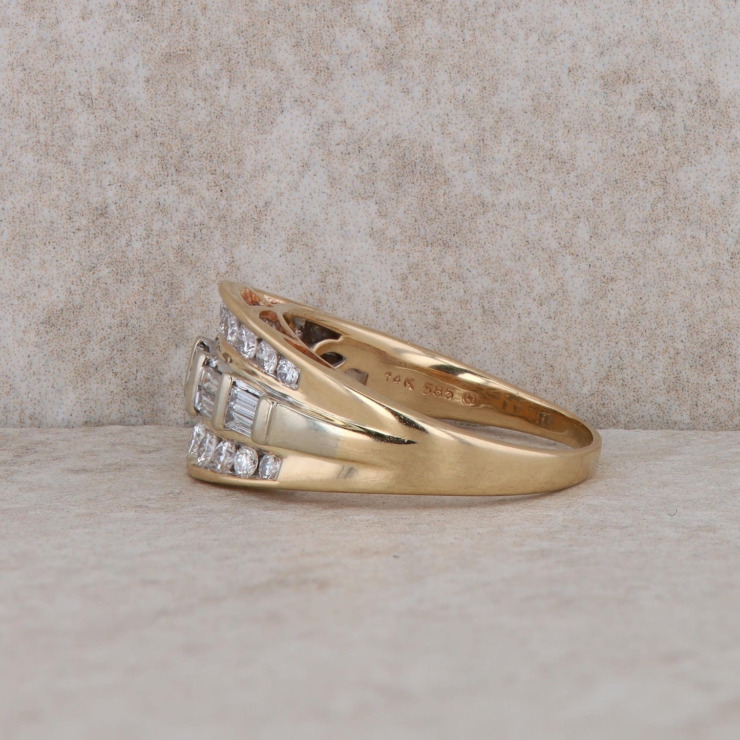 14k Yellow Gold Baguette and Round Curved Band Style Ring