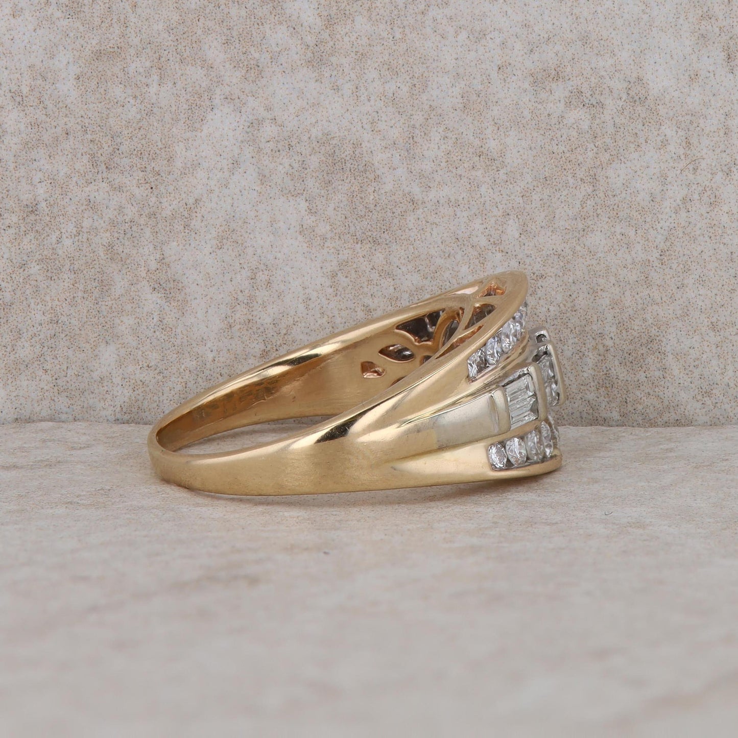 14k Yellow Gold Baguette and Round Curved Band Style Ring