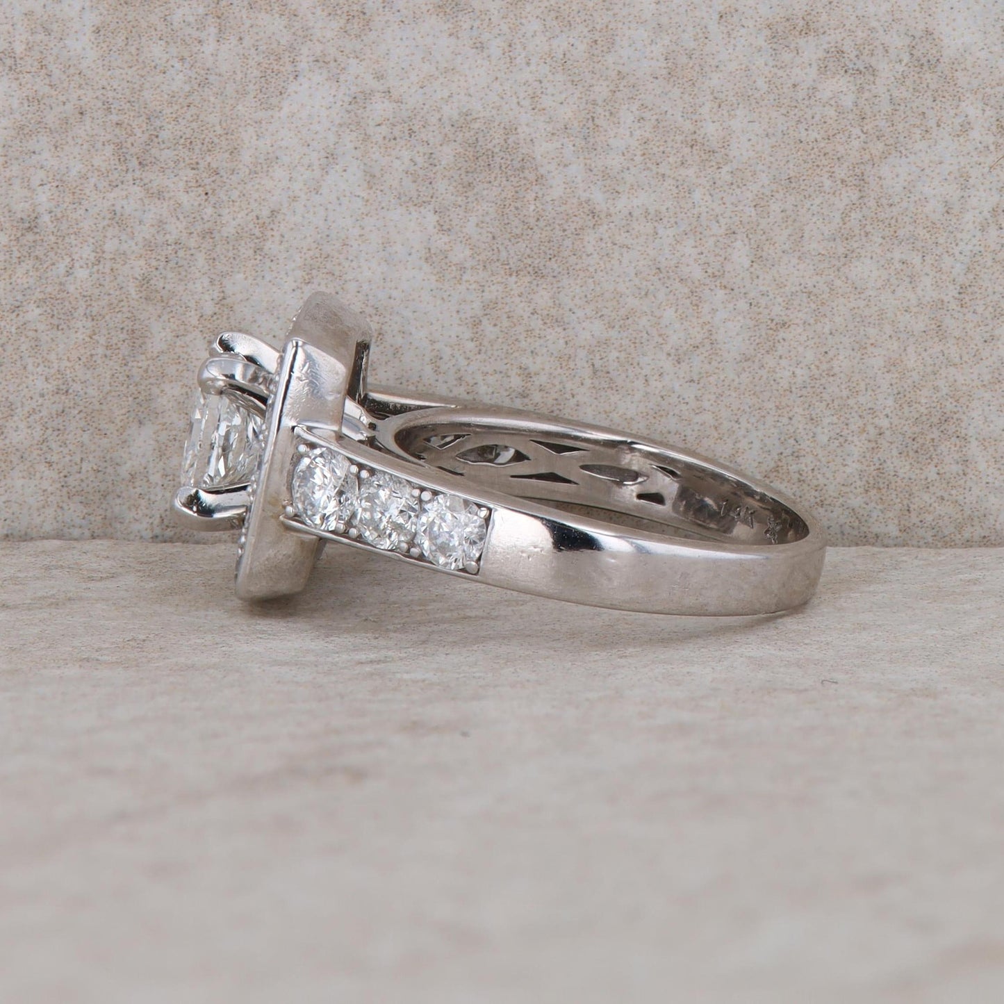 14k White Gold Princess Cut Diamond Halo Engagement Ring