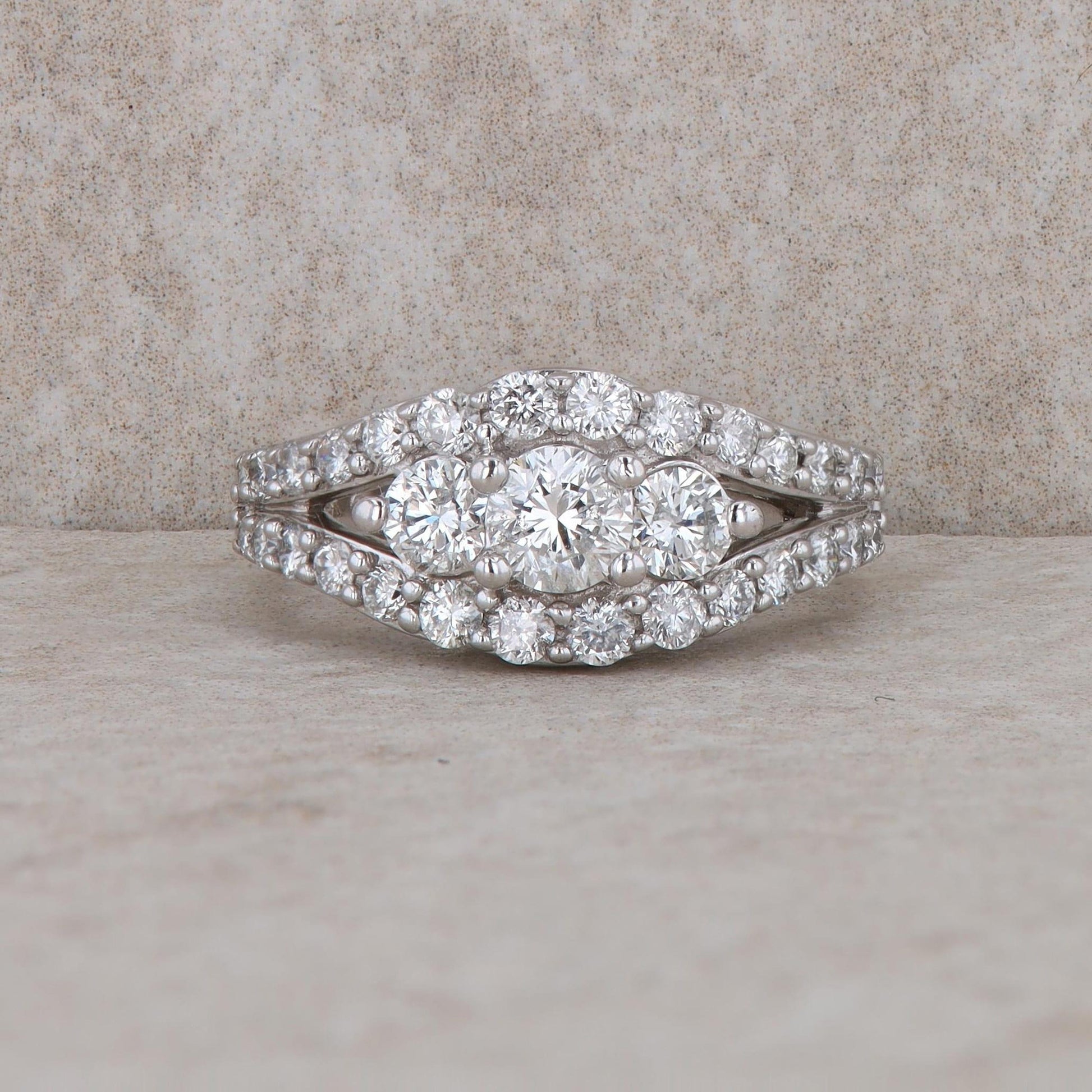 14k White Gold 3 Stone Curved Row Diamond Ring