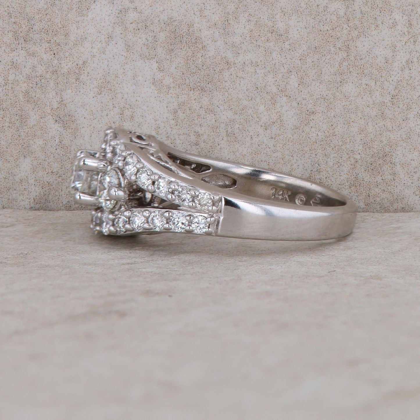 14k White Gold 3 Stone Curved Row Diamond Ring