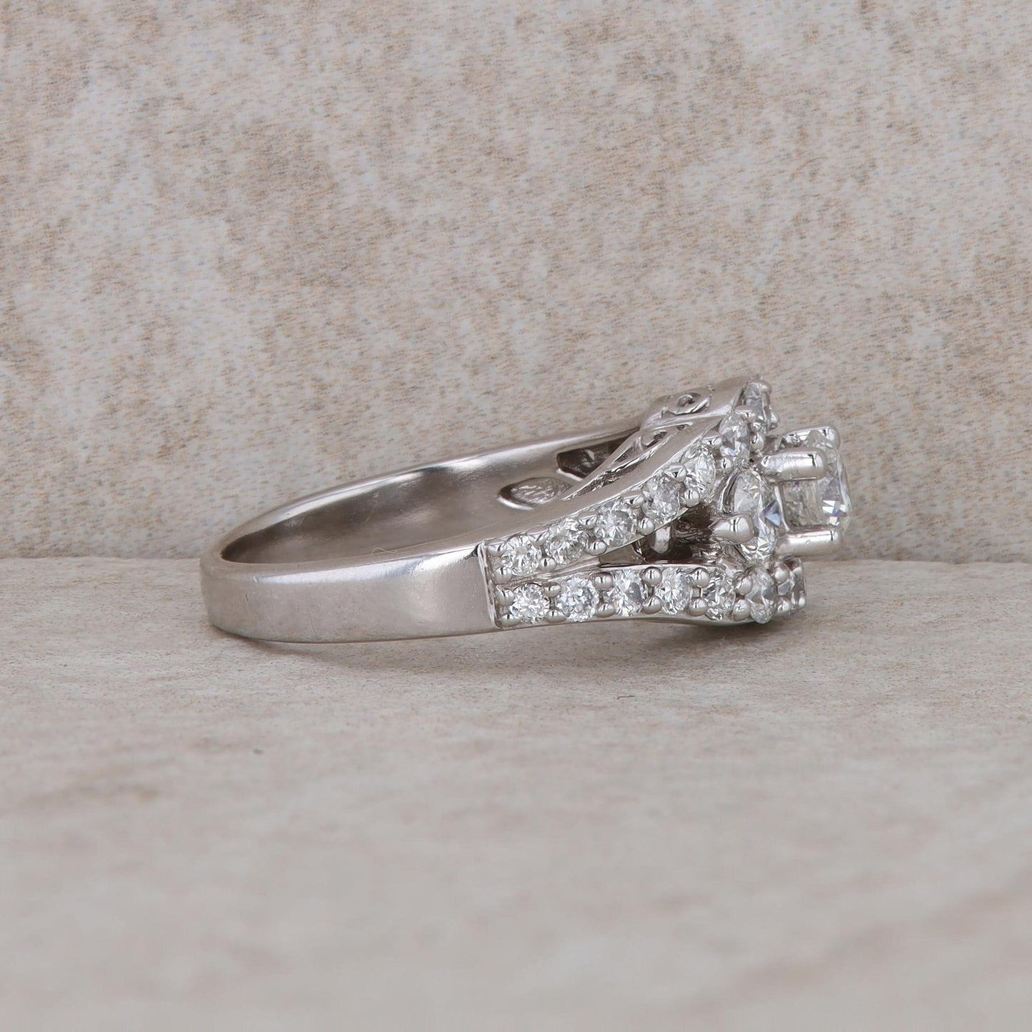 14k White Gold 3 Stone Curved Row Diamond Ring