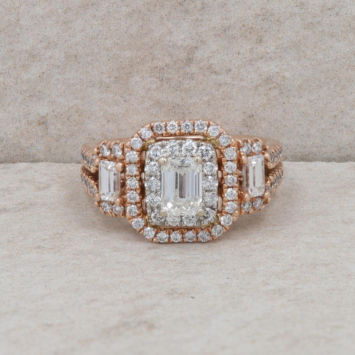 14k Rose Gold Emerald Cut Diamond Double Halo Engagement Ring