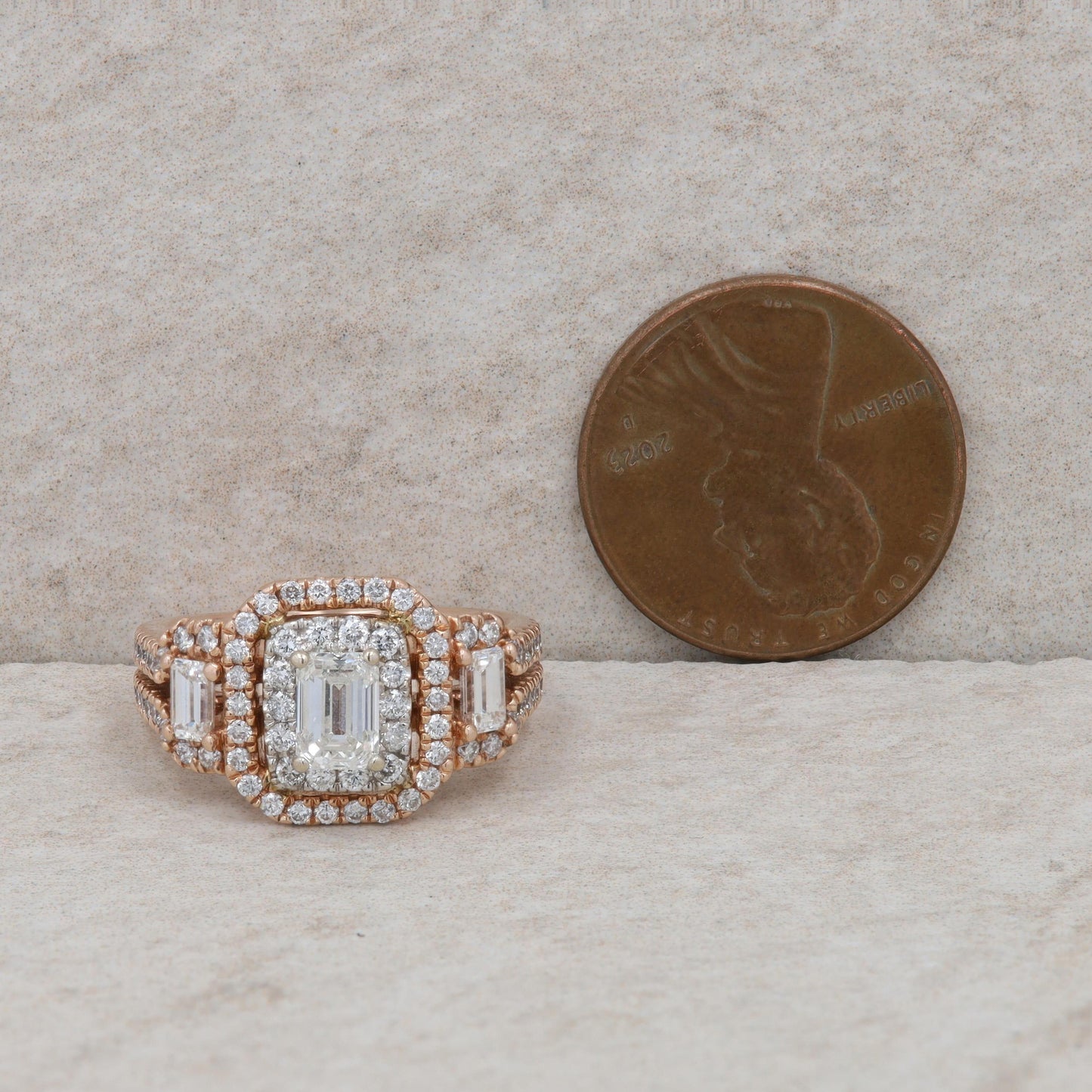 14k Rose Gold Emerald Cut Diamond Double Halo Engagement Ring