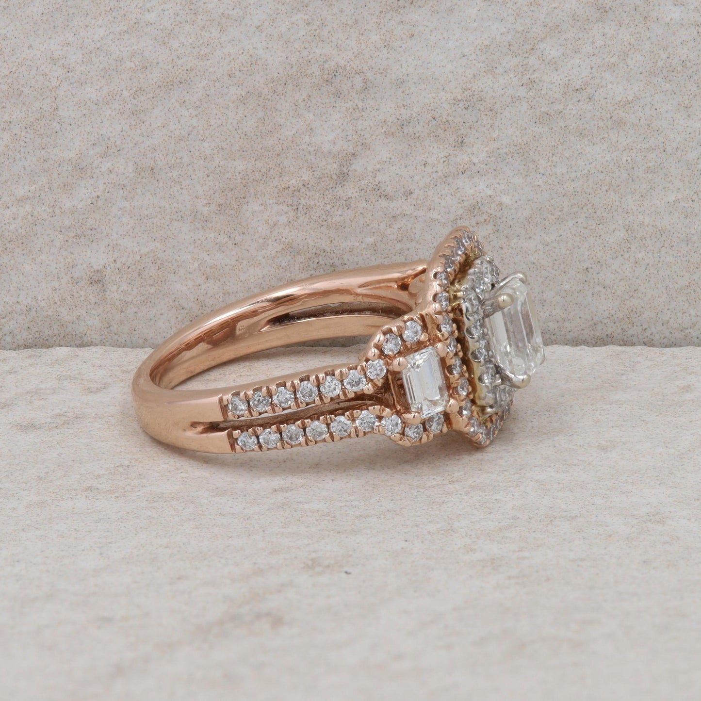 14k Rose Gold Emerald Cut Diamond Double Halo Engagement Ring