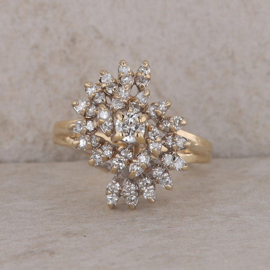 14k Yellow Gold Swirl Cluster Diamond Ring