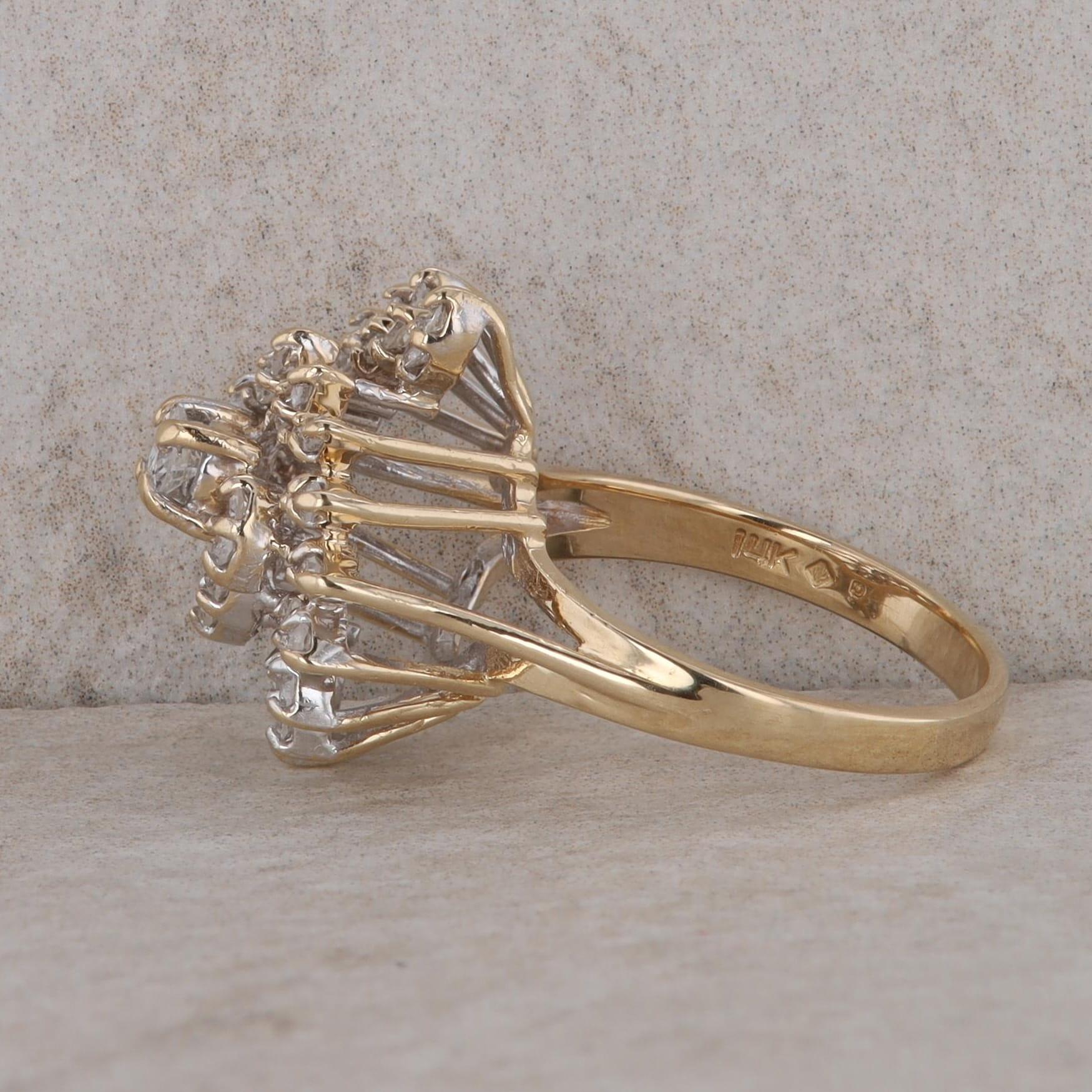 14k Yellow Gold Swirl Cluster Diamond Ring