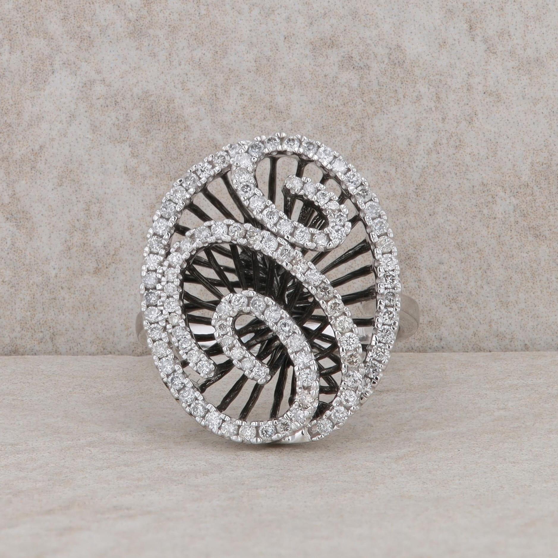 14k White Gold Black Rhodium and Diamond Swirl Ring